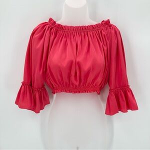 SHUG Crop Top DORIS Blouse Womens L Satin Ruffle Watermelon Pink Silky NEW